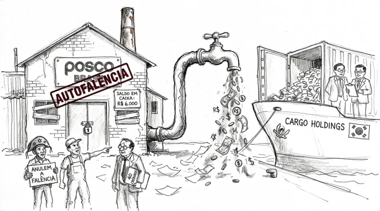 Caricatura: Quiebra de POSCO Brasil — informe de seguimiento